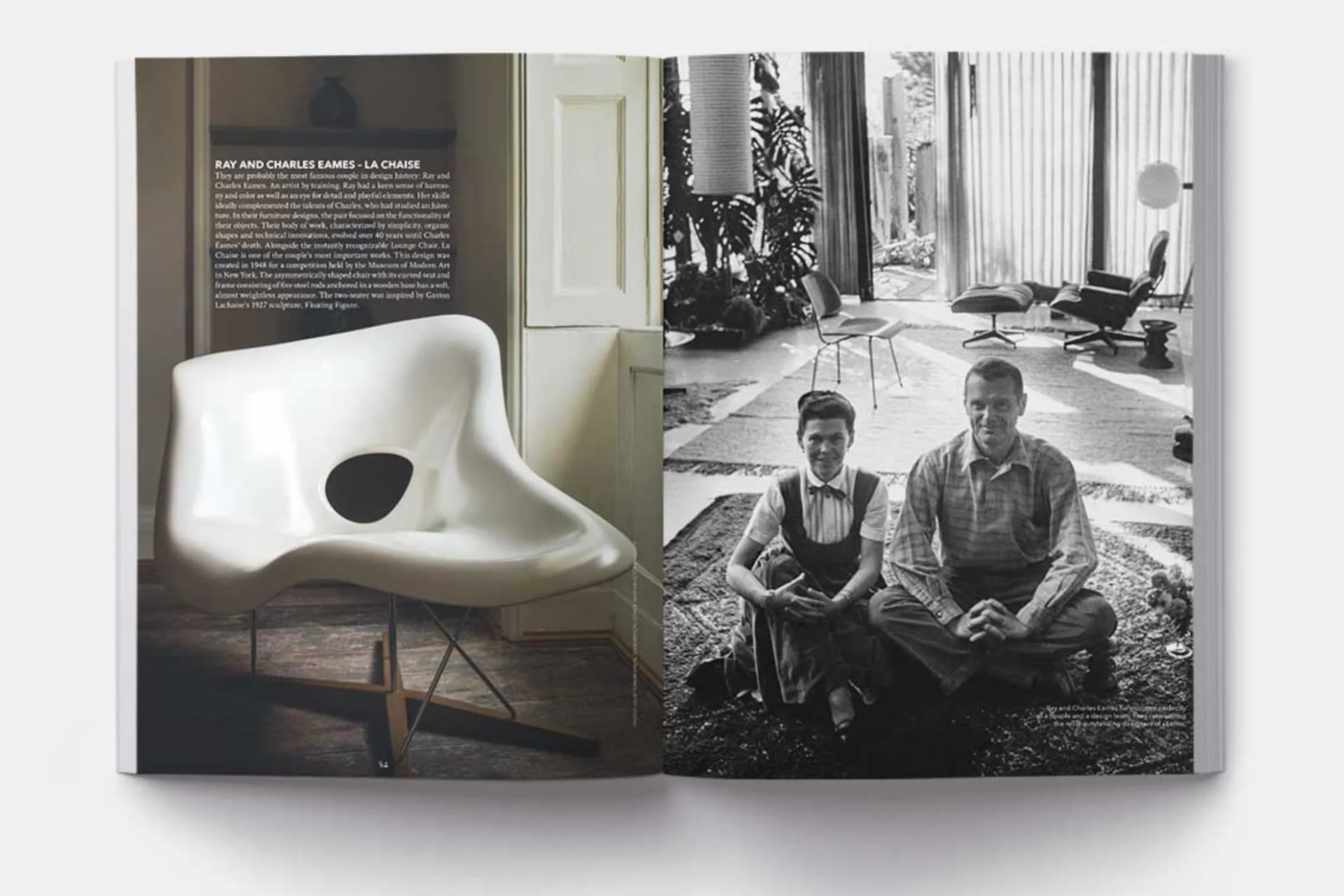 Open book showing a white sculptural chair on the left page and a black-and-white photo of two people sitting on the floor in a courtyard on the right.