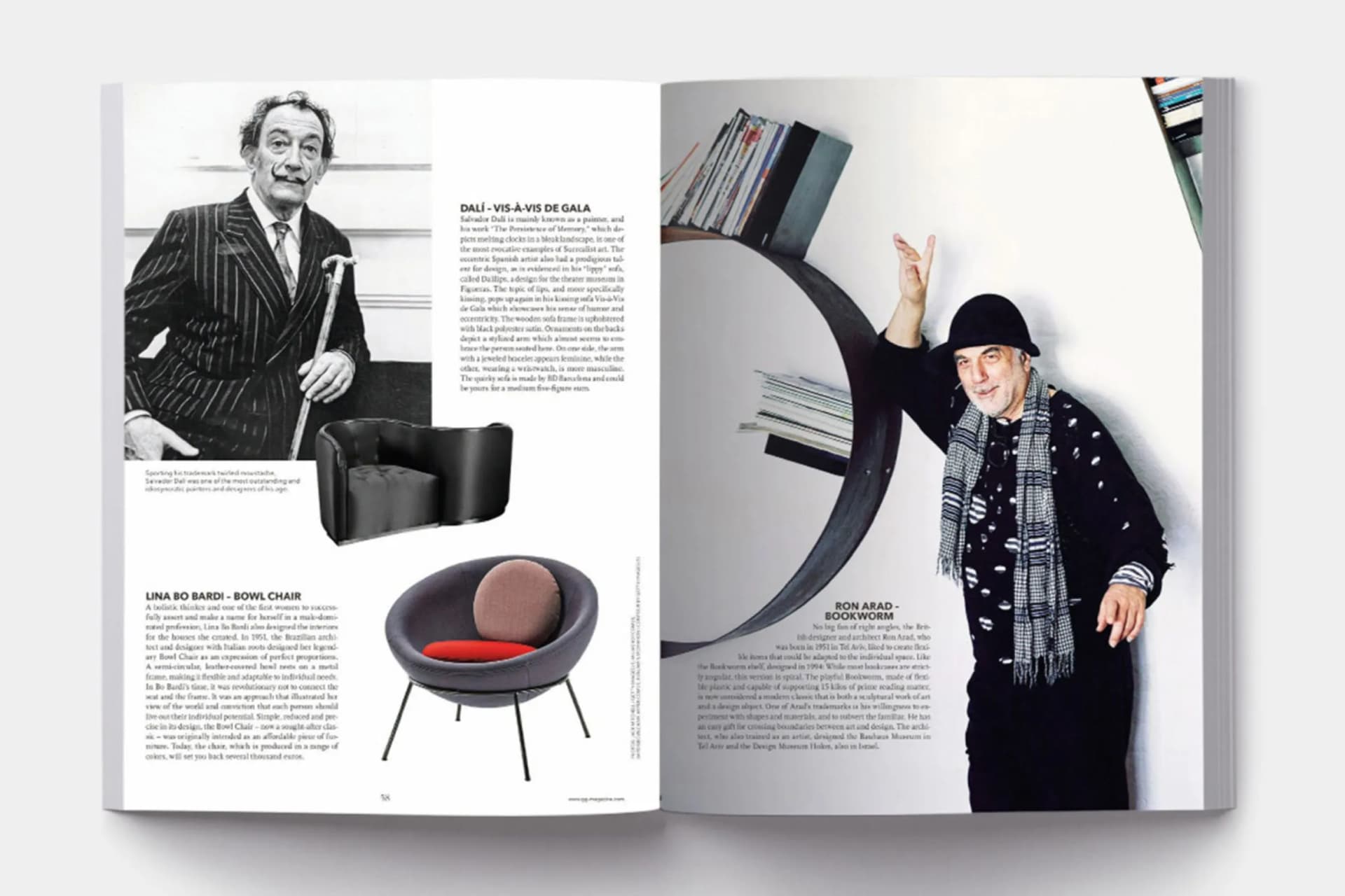 Open magazine spread: left shows a black-and-white portrait of a suited man beside a chair; right shows a man with hat and scarf near curved shelves.