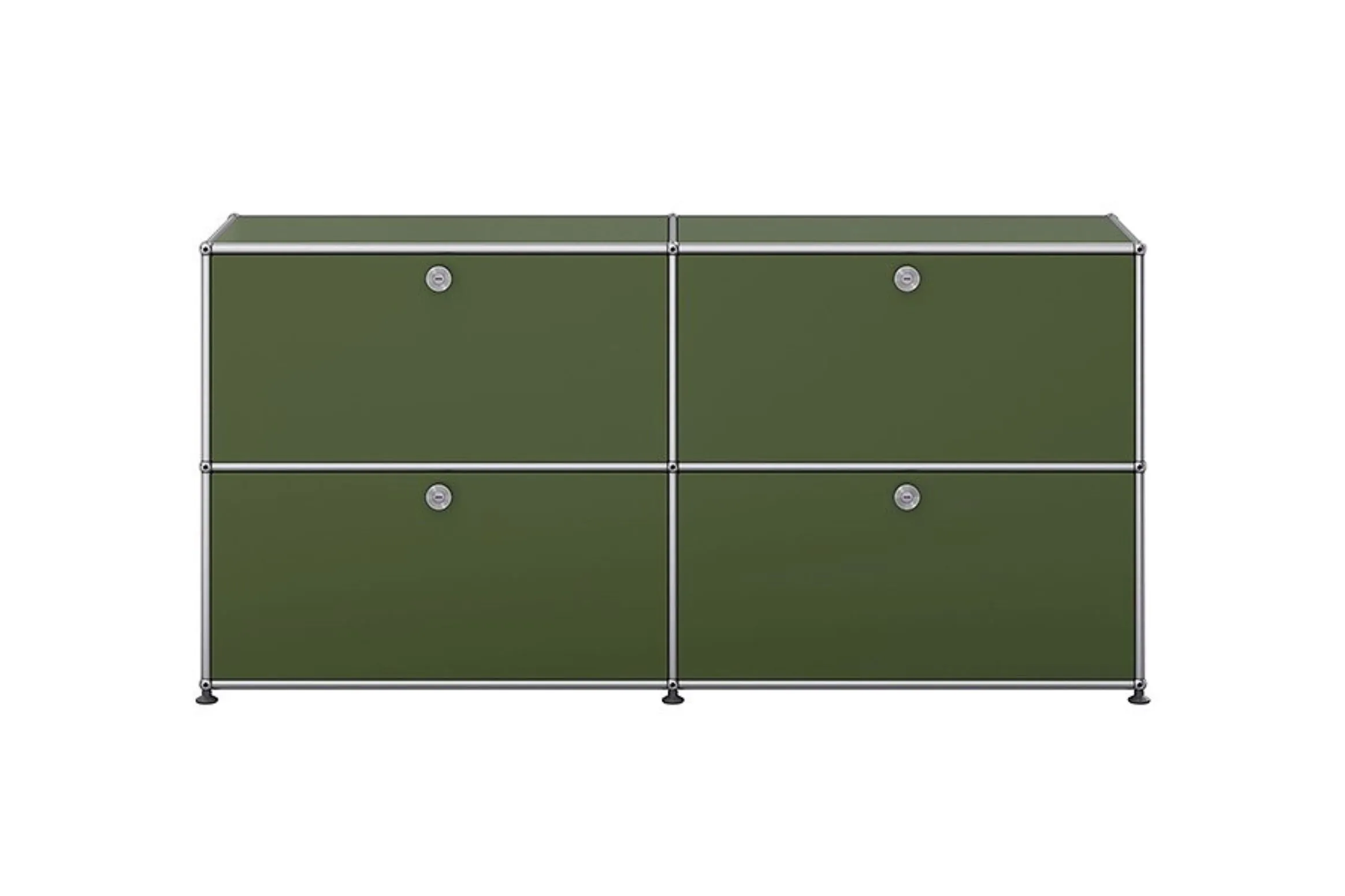 A two-column, three-tier green metal cupboard with a chrome frame; each door is fitted with a silver round lock and the cupboard stands on adjustable feet.