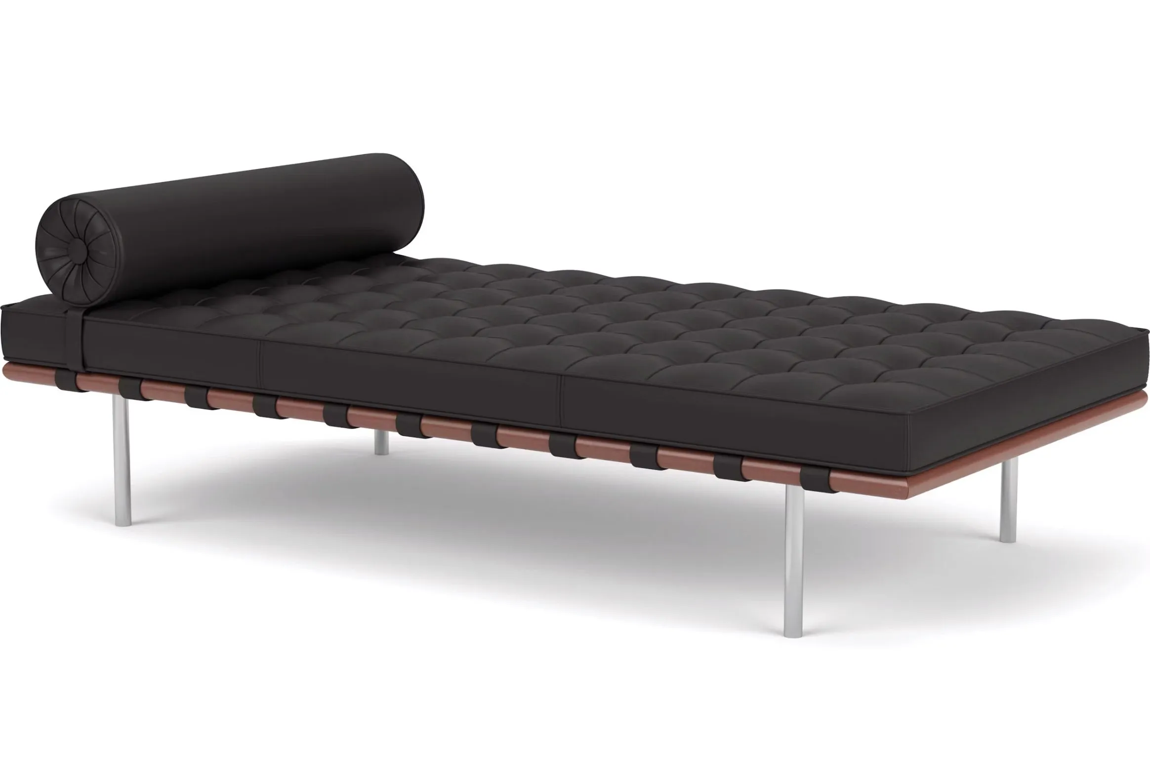 Black tufted daybed with a cylindrical bolster pillow, slim metal legs, and a wooden base.