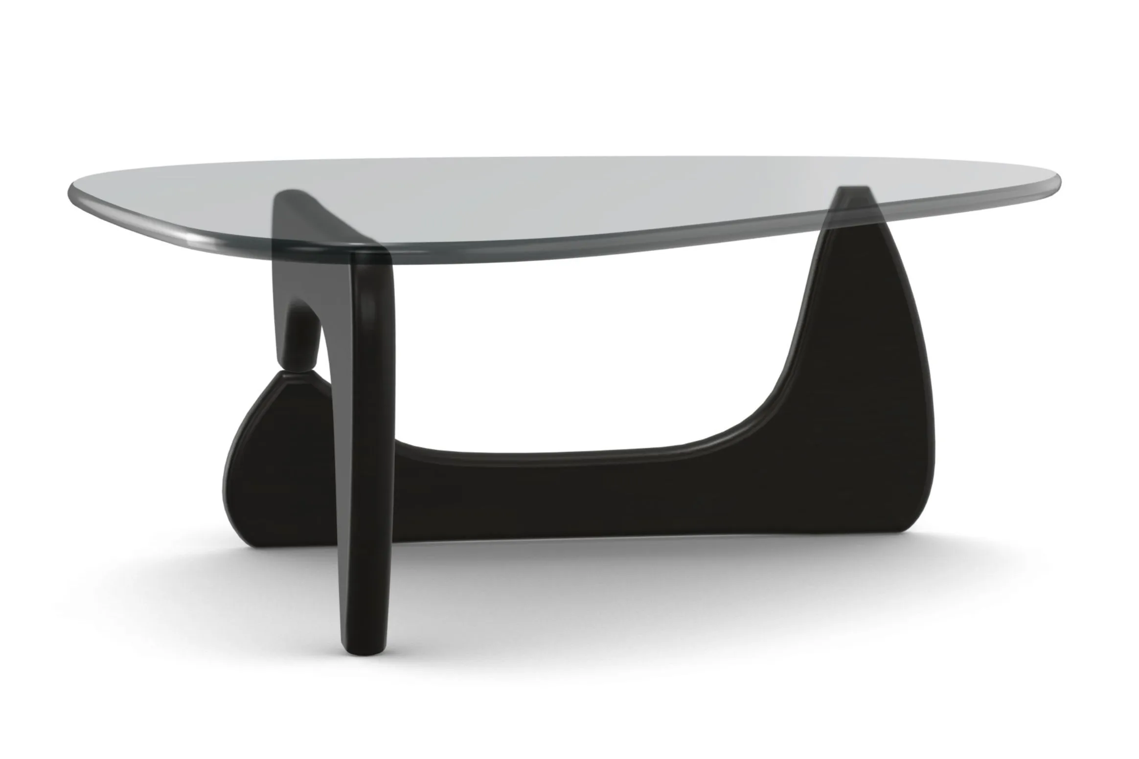 A clear, oval glass top, supported by black, sculptural legs.