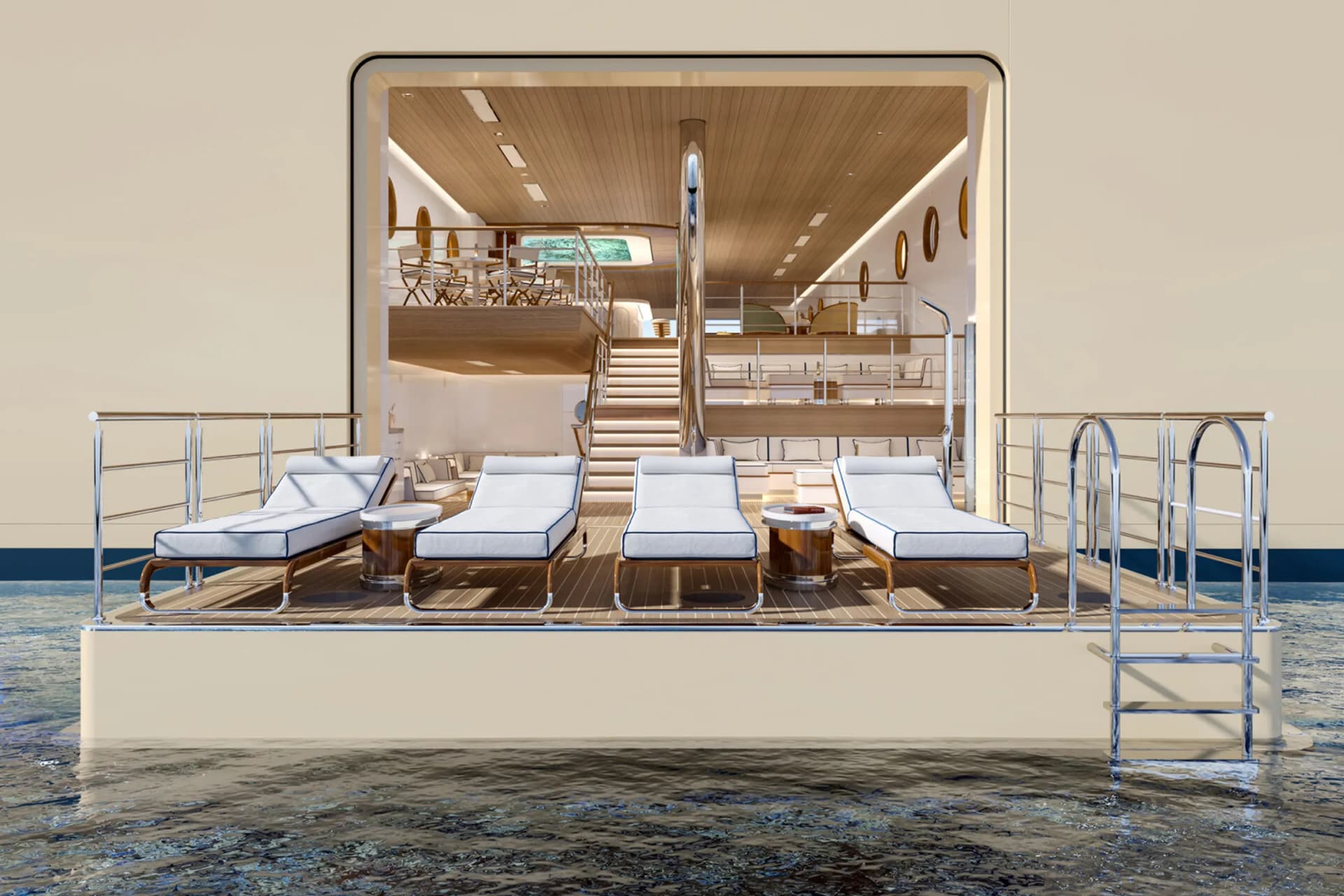 Luxurious yacht deck with white cushioned loungers, metal railings, and stairs; interior wood-paneled ceiling and seating visible.