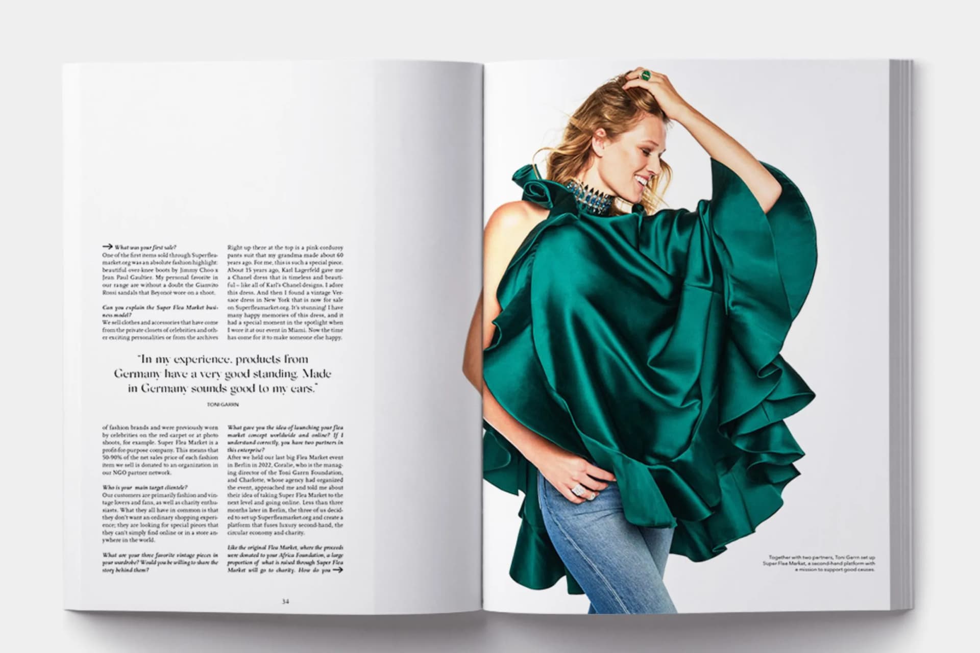 A two-page spread from a fashion magazine: A smiling woman wearing an oversized, turquoise satin top with ruffles, posing with her hand in her hair; text on the left-hand page.