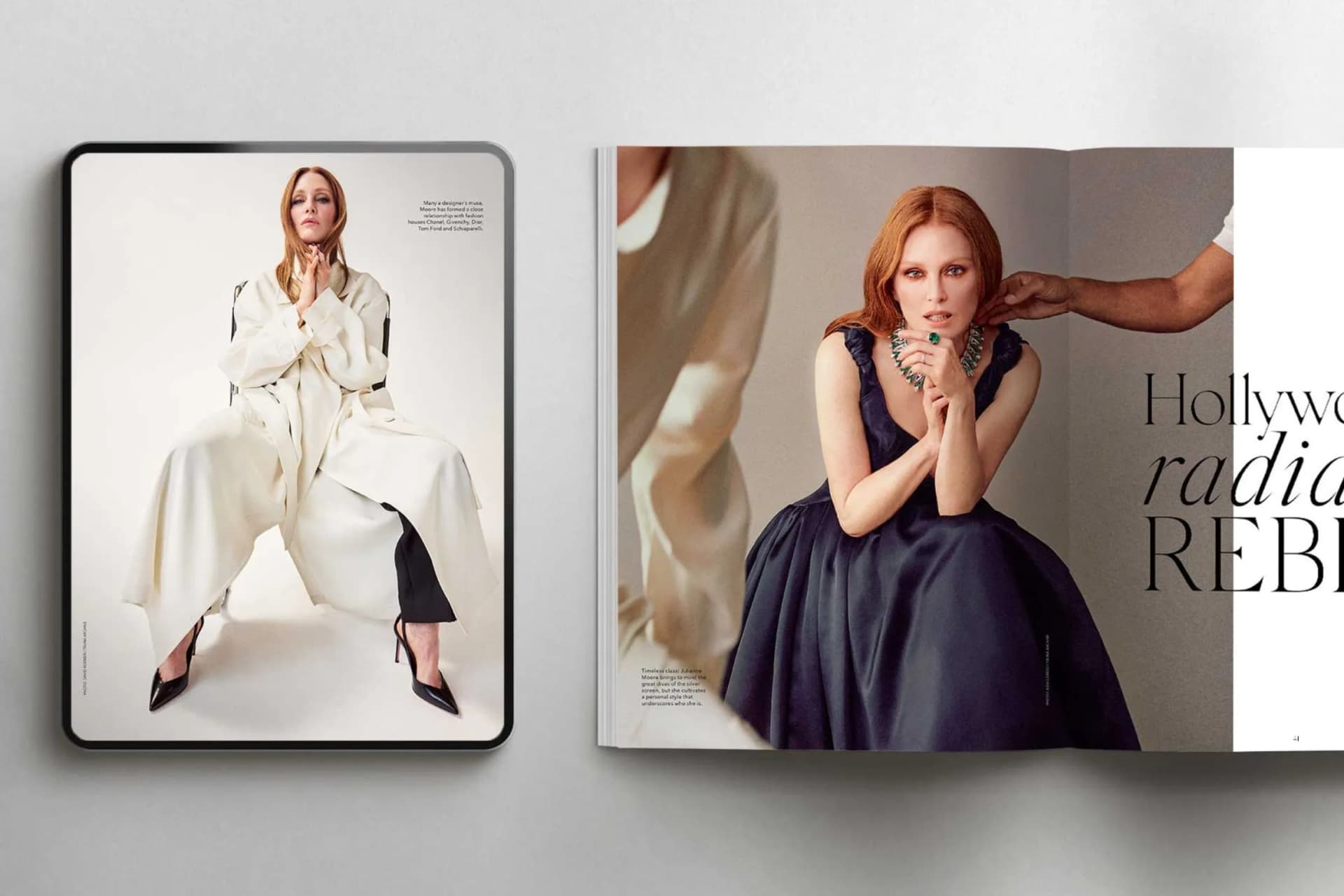 Two-page fashion magazine spread: left shows a seated woman in white; right shows a red-haired woman in a dark blue gown with partial text.