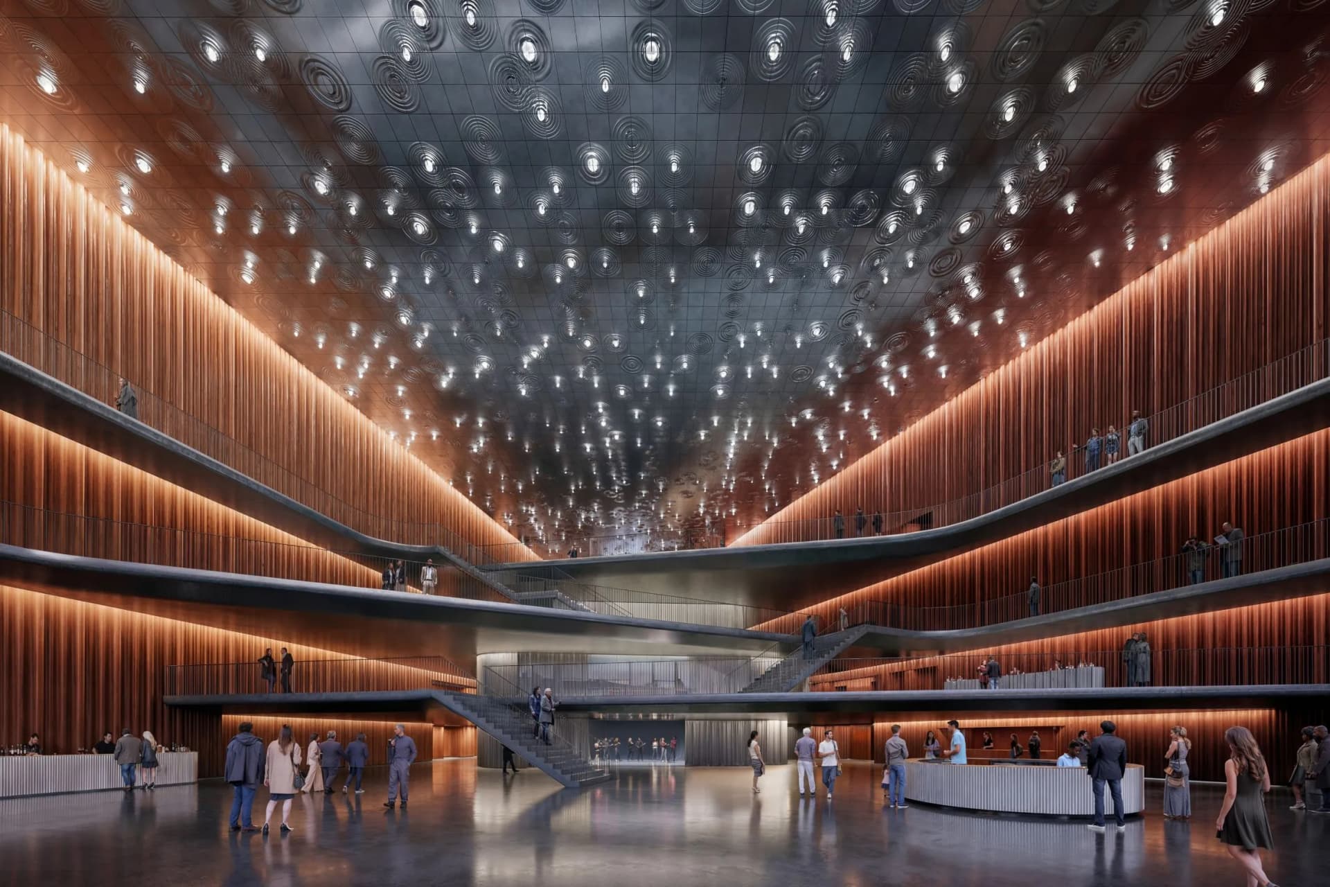 Multilevel atrium with copper-toned wood walls, glass railings, and a central staircase; ceiling lit by concentric circular light patterns. AI-generated image