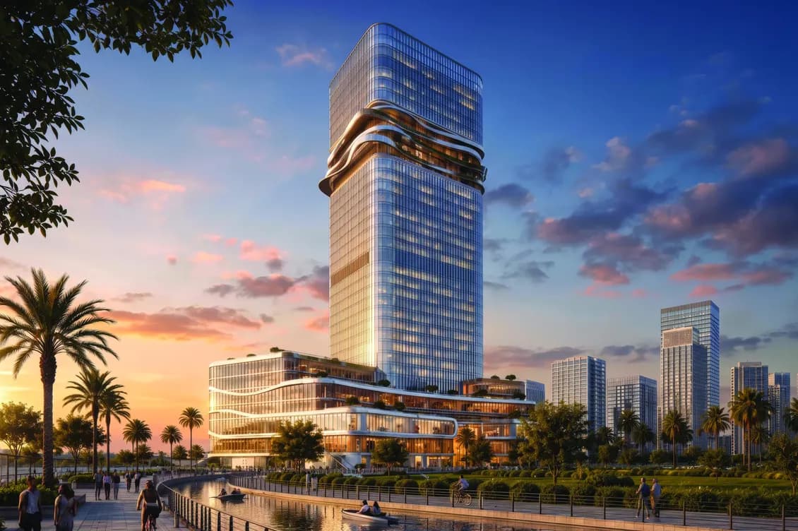 Modern glass skyscraper with wavy, wrapped terraces towers over a palm-lined waterfront at sunset; pedestrians stroll and boats glide along a canal.
