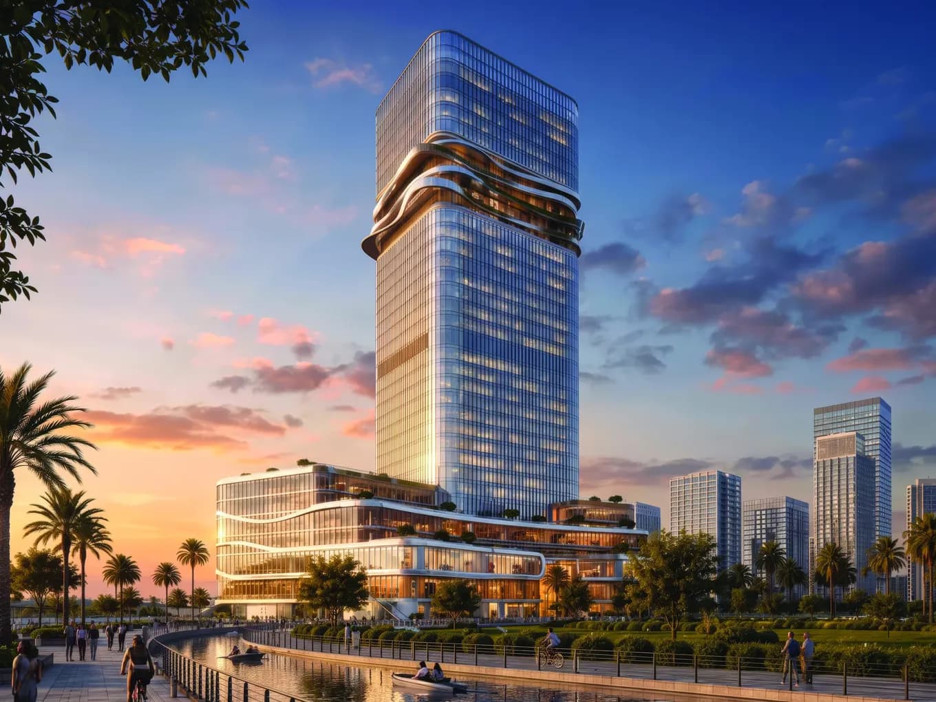 Modern glass skyscraper with wavy, wrapped terraces towers over a palm-lined waterfront at sunset; pedestrians stroll and boats glide along a canal.
