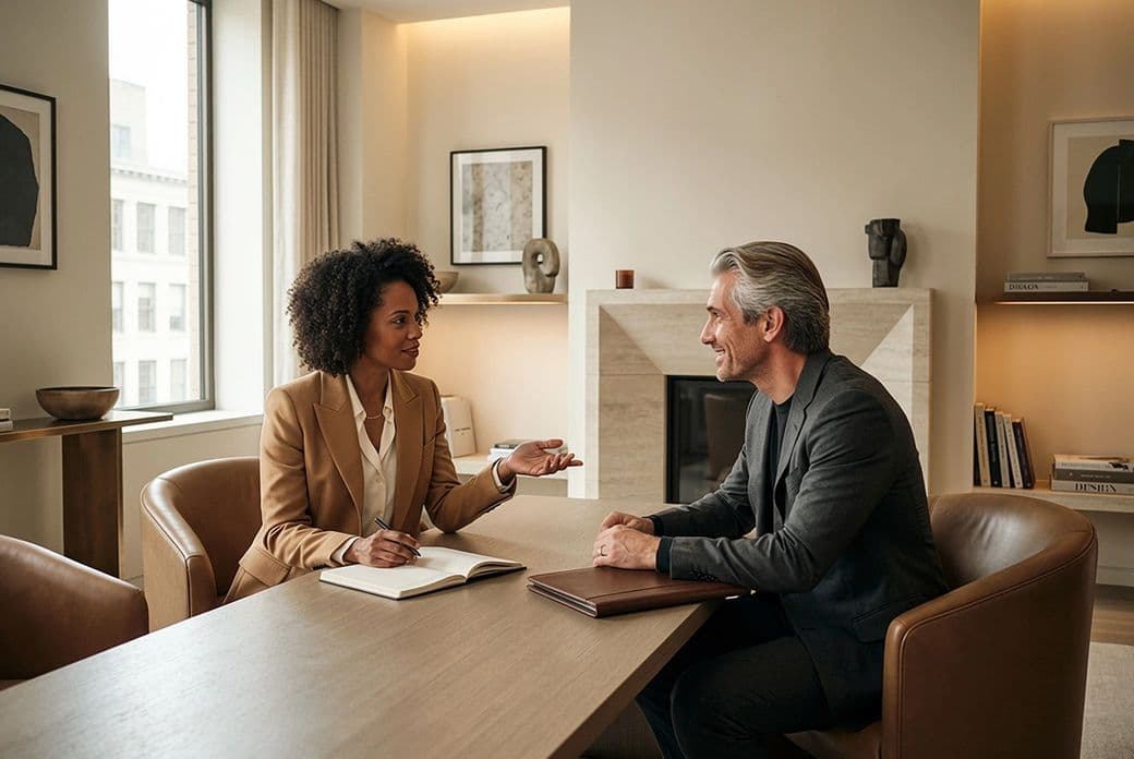 A woman and a man sit across a table in a modern office, engaged in conversation. Books and art pieces are visible in the background.