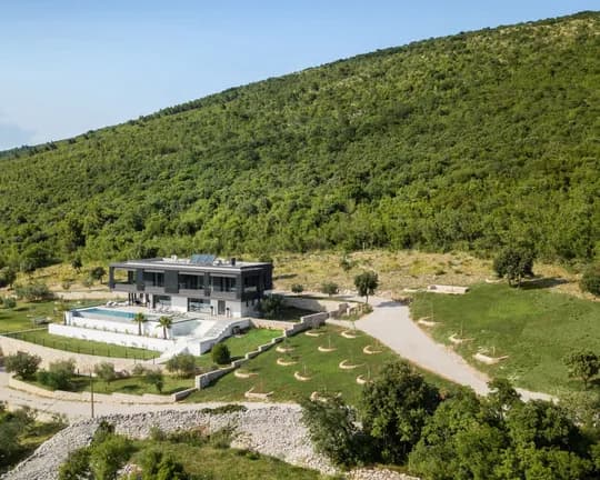 Modern two-story villa with a pool sits at the base of a forested hillside, surrounded by manicured lawns and stone terraces.