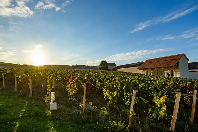 Sunlit vineyard with neat rows of grapevines, a white building with a red roof in the background, and lanterns along the edge under a blue sky.