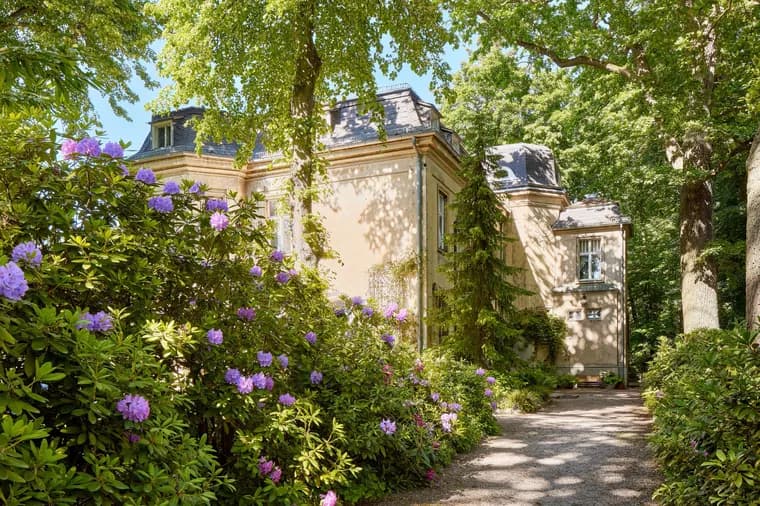 Sunlit garden with purple rhododendrons around a beige historic building; a gravel path winds past tall trees.