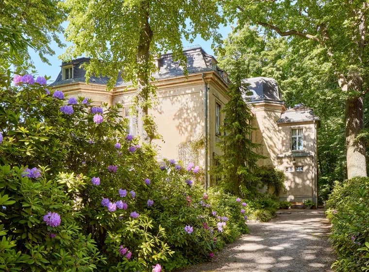 Sunlit garden with purple rhododendrons around a beige historic building; a gravel path winds past tall trees.