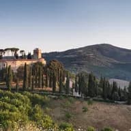 Sunlit hilltop medieval castle with a tower among tall cypress trees, overlooking rolling green hills under a clear blue sky.