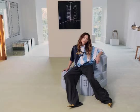 A person is sitting on a blue, sculptural chair in a bright gallery; on the left are light installations, and on the right a wooden chair and display cases.