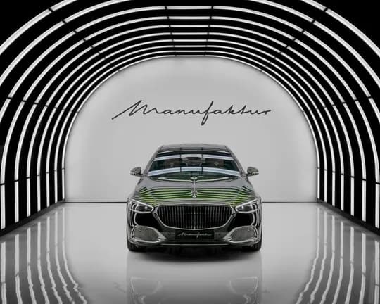 Shiny Maybach in a white circular tunnel with glowing concentric rings; the wall reads 'Manufaktur'.