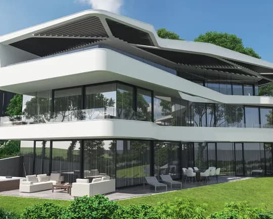Sleek white modern house with glass walls, curved balconies and layered black slatted overhangs, set on a green lawn with outdoor seating.