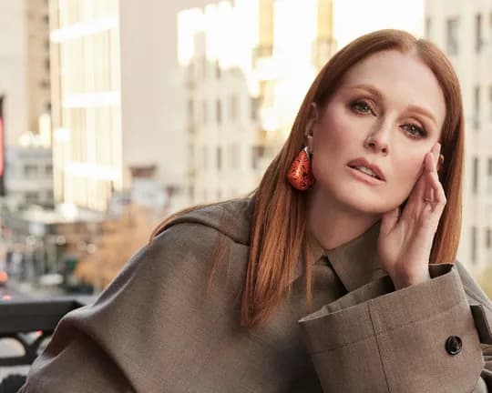 Red-haired woman in a beige coat sits on an outdoor city balcony, resting her head on her hand, wearing orange earrings with urban buildings in the background.