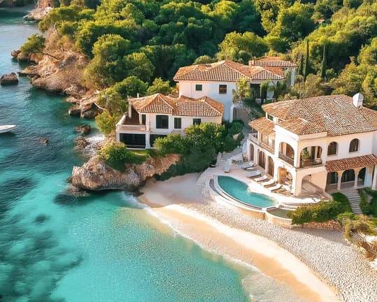 Luftaufnahme von weißen Villen im mediterranen Stil mit Terrakottadächern vor dem Hintergrund eines türkisfarbenen Meeres, einer felsigen Küste, Palmen, Booten und einem Sandstrand.