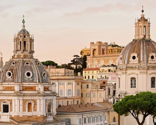 Rome skyline with two ornate domed churches, decorative cupolas, pastel buildings, a leafy tree in the foreground at sunset.