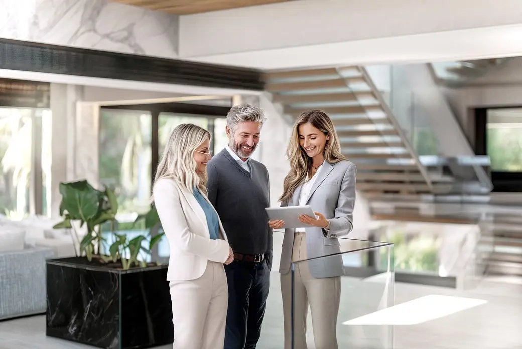 Real estate consultation in a modern luxury property: A female real estate agent in a light gray suit presents property data on a tablet to two interested clients - a woman in a white blazer and a man in a dark suit. The scene takes place in an elegant living space with a floating staircase, marble elements, floor-to-ceiling windows, and natural light. The clients are looking with interest at the presented information.