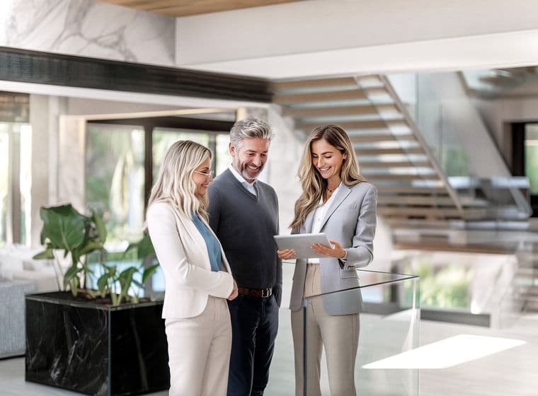 Real estate consultation in a modern luxury property: A female real estate agent in a light gray suit presents property data on a tablet to two interested clients - a woman in a white blazer and a man in a dark suit. The scene takes place in an elegant living space with a floating staircase, marble elements, floor-to-ceiling windows, and natural light. The clients are looking with interest at the presented information.