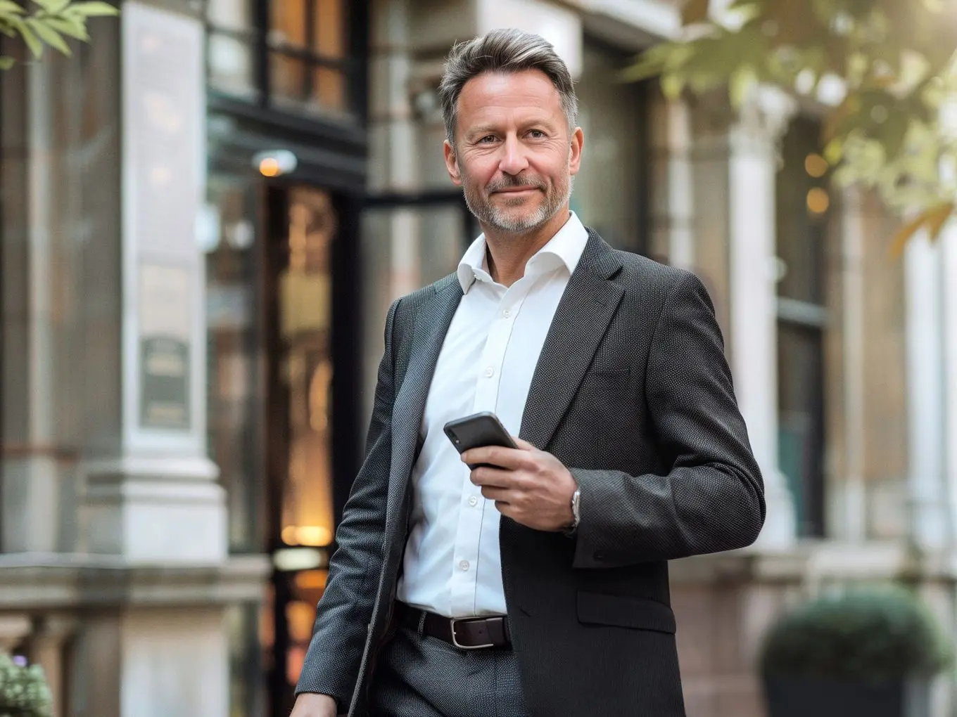 A smiling man in a gray suit holds a phone outdoors.