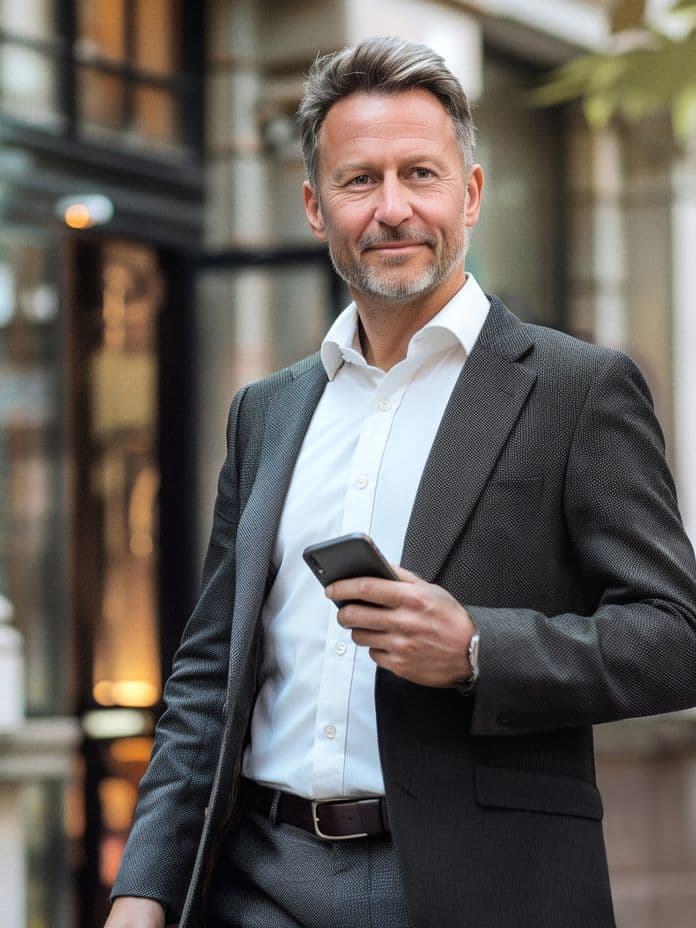 Un uomo sorridente in un abito grigio tiene in mano un telefono all'aperto.