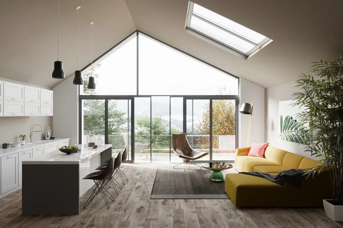 Arredamento moderno di cucina e soggiorno in una casa dal design contemporaneo, rendering 3D. KI-generiertes Bild