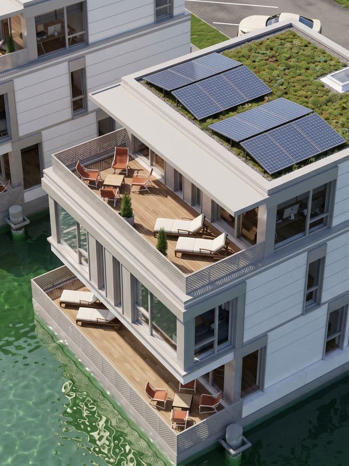 Waterfront modern apartment with stacked balconies, lounge chairs and a planted rooftop with solar panels.