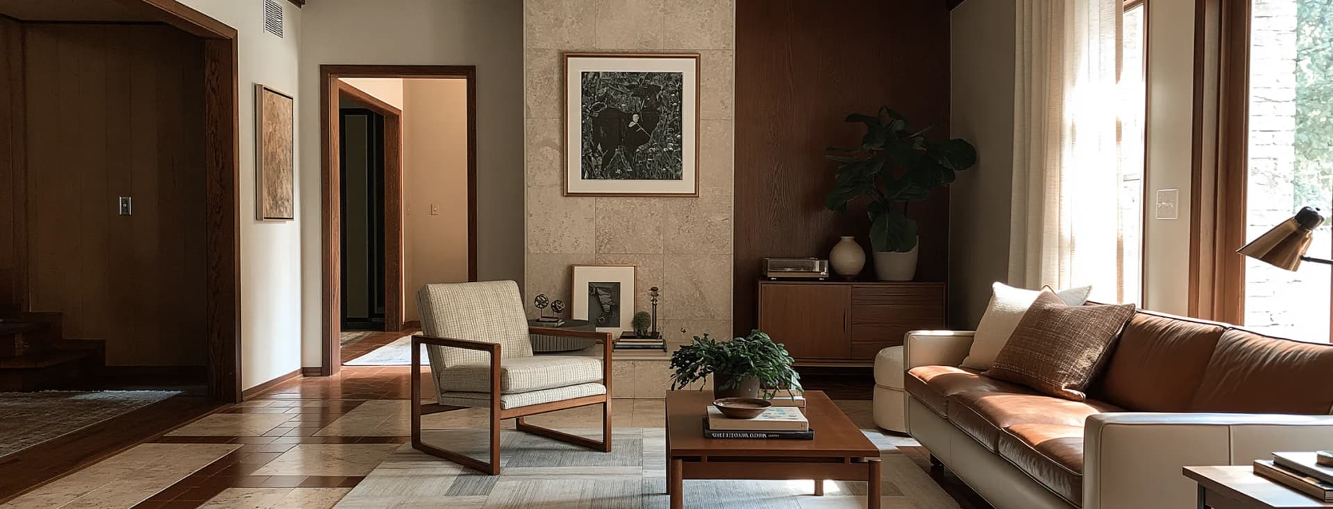 Gemütliches Wohnzimmer im Mid-Century-Stil mit Deckenbalken aus Holz, Ledersofa, Sessel, gemustertem Teppich und Couchtisch in warmen, neutralen Farbtönen. KI-generiertes Bild