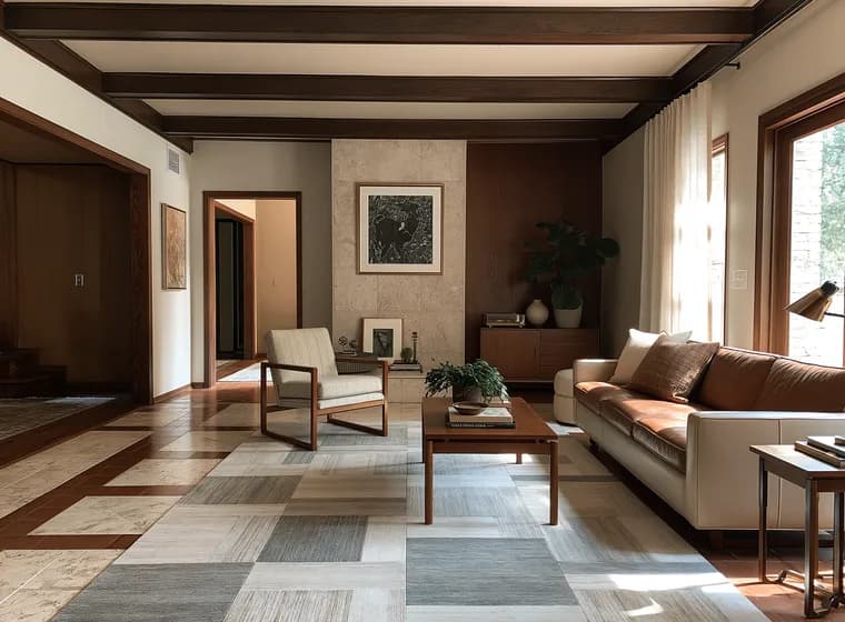 Cozy mid-century living room with wooden ceiling beams, leather sofa, armchair, patterned rug and coffee table in warm neutral tones.