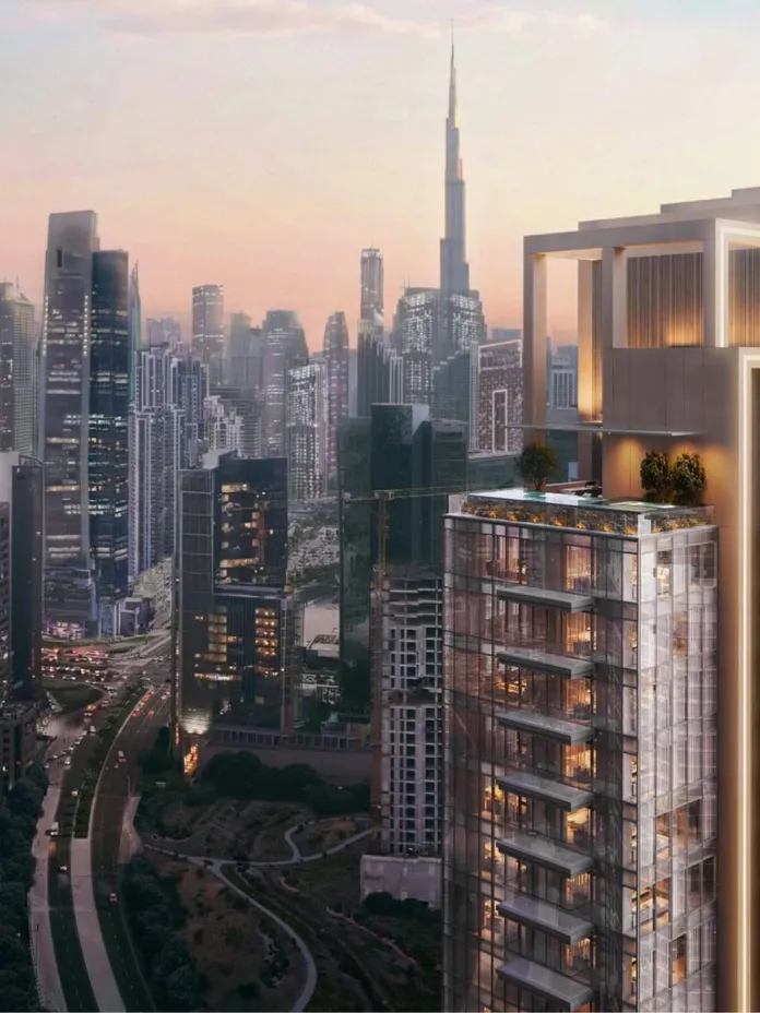 Sunset over a futuristic cityscape of glass skyscrapers; a modern residential tower with balconies on the right dominates the foreground.