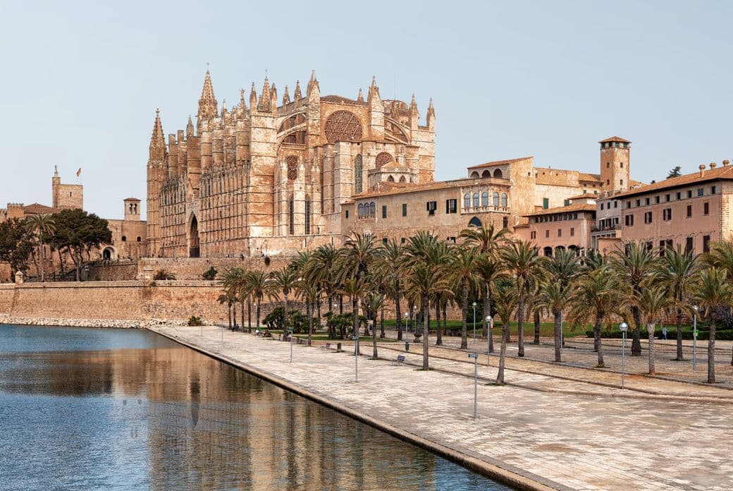 Eine gotische Kathedrale ragt über Palmen und eine Uferpromenade und spiegelt sich an klaren Tagen im ruhigen Wasser.