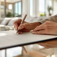 Hands signing a document in a bright real estate