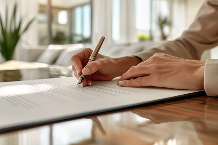 Hands signing a document in a bright real estate