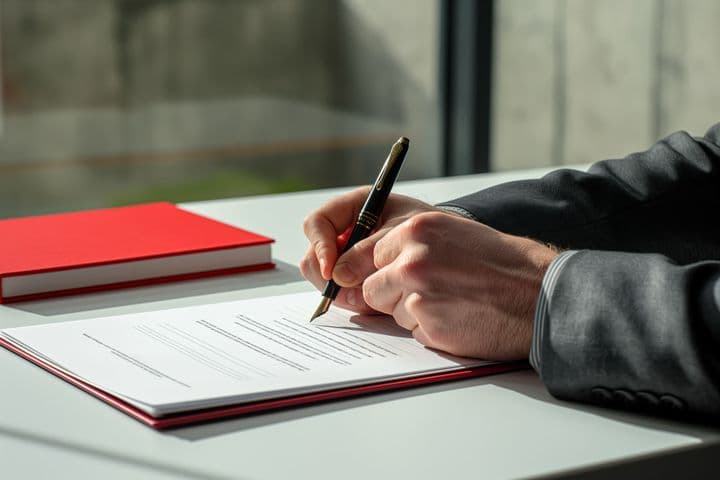 Close-up of hands holding a black fountain pen while signing documents on a white desk with a red folder visible in the background