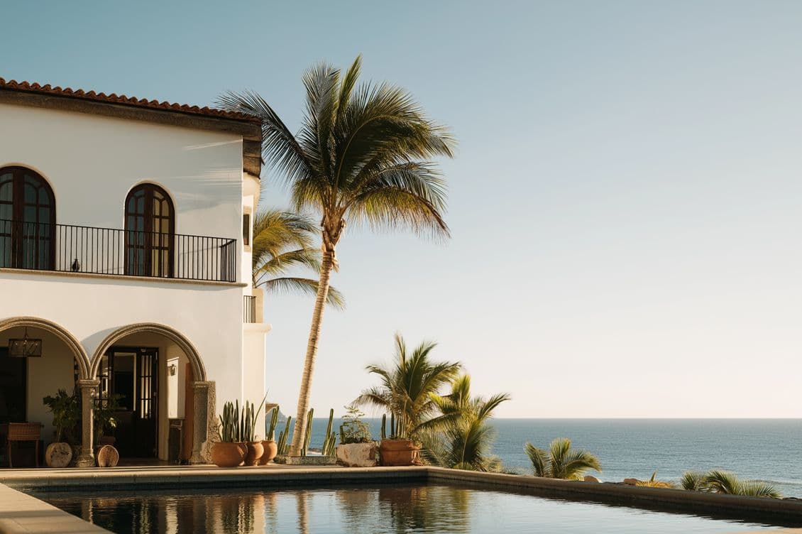 Elegant villa with arched windows, pool, and palm trees overlooking a serene ocean under a clear blue sky.