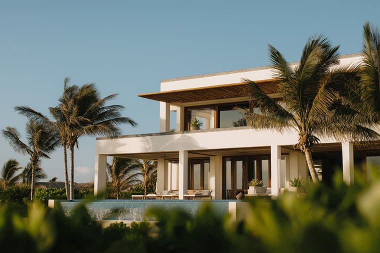 Modern two-story white villa with large windows, palm trees, and an infinity pool, set against a clear blue sky.
