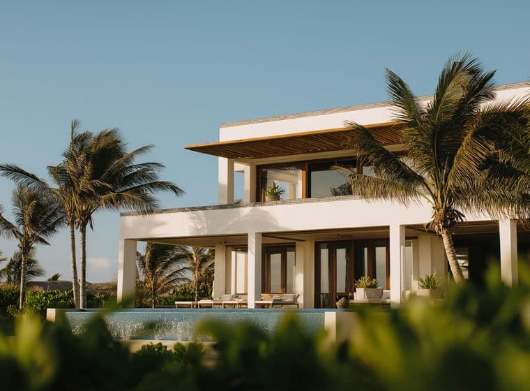 Modern two-story white villa with large windows, palm trees, and an infinity pool, set against a clear blue sky.