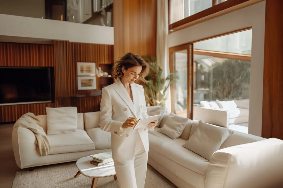A woman in an elegant white business suit stands in a luxurious living room with wood paneling and large windows, reading documents. The room features cream-colored sofas, natural lighting, and modern interior design elements.