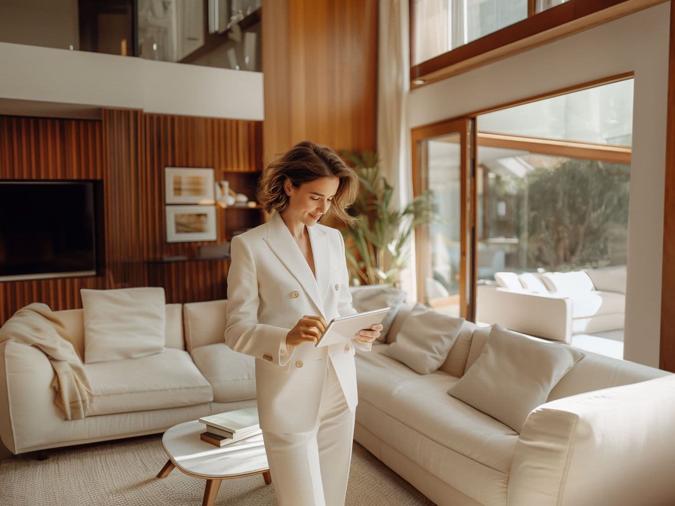 A woman in a white suit uses a tablet in a modern living room with wood paneling and a large window.