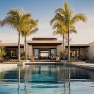 Luxuriöse moderne Villa mit Palmen, einem großen Swimming Pool und offener Terrasse unter klarem blauen Himmel.