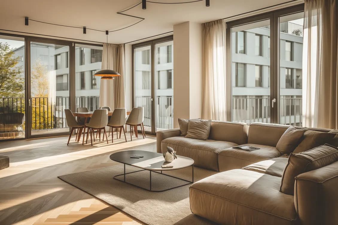 Moderno spazio abitativo open space caratterizzato da un ampio divano marrone a L, una zona pranzo con lampada a sospensione di design, finestre a tutta altezza con vista sulla città, tende dai toni neutri, pavimento a spina di pesce e arredi contemporanei nelle calde tonalità del beige, immersi nella luce naturale del sole