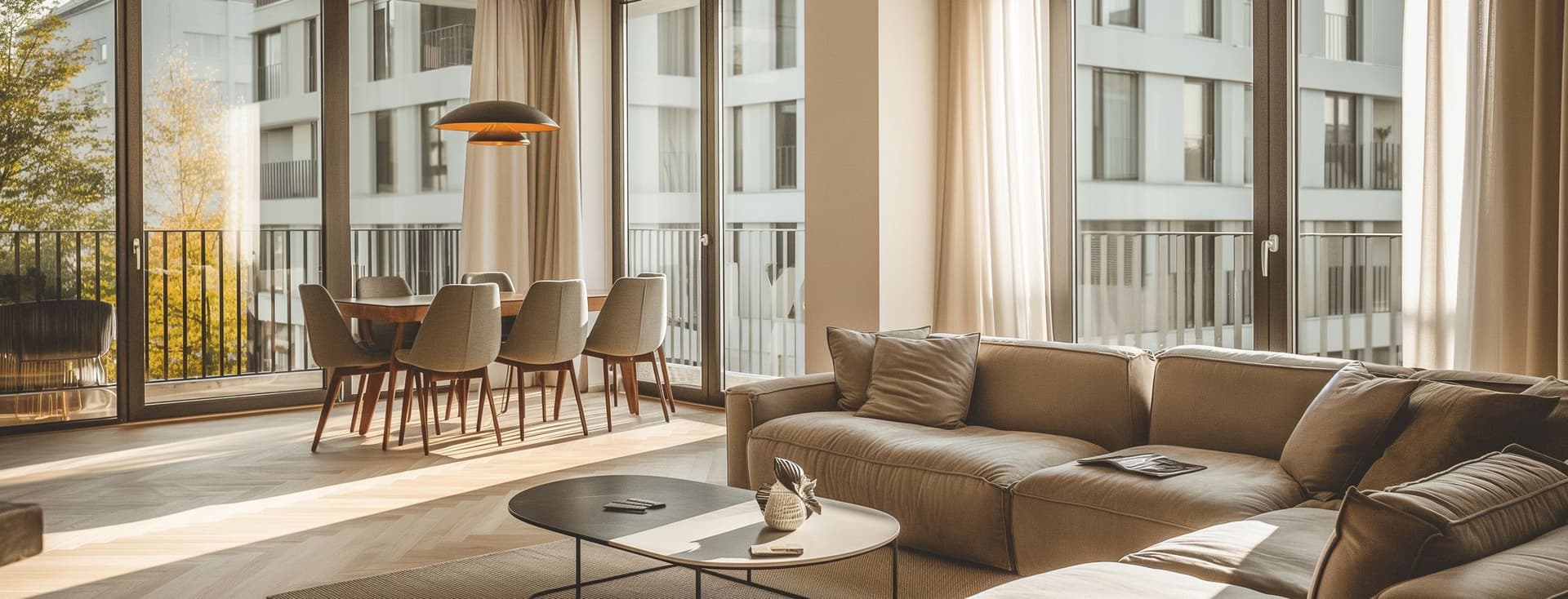 Bright, modern living room with a beige sofa, round coffee table, and dining table with chairs. Large windows offer city views.