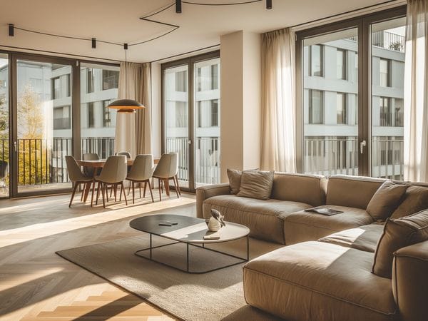 Helles, modernes Wohnzimmer mit beigem Sofa, rundem Couchtisch und Esstisch mit Stühlen. Große Fenster bieten Stadtblick.