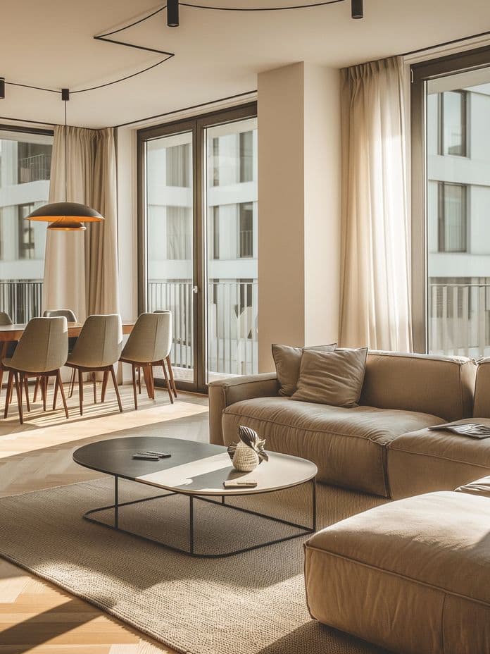 Modern living room with large windows, beige sectional sofa, round coffee table, and dining area. Natural light fills the space.