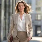 Professional woman in a beige business suit and white blouse walking confidently in an urban environment, with wind-swept hair and carrying a leather portfolio, against a blurred city background.