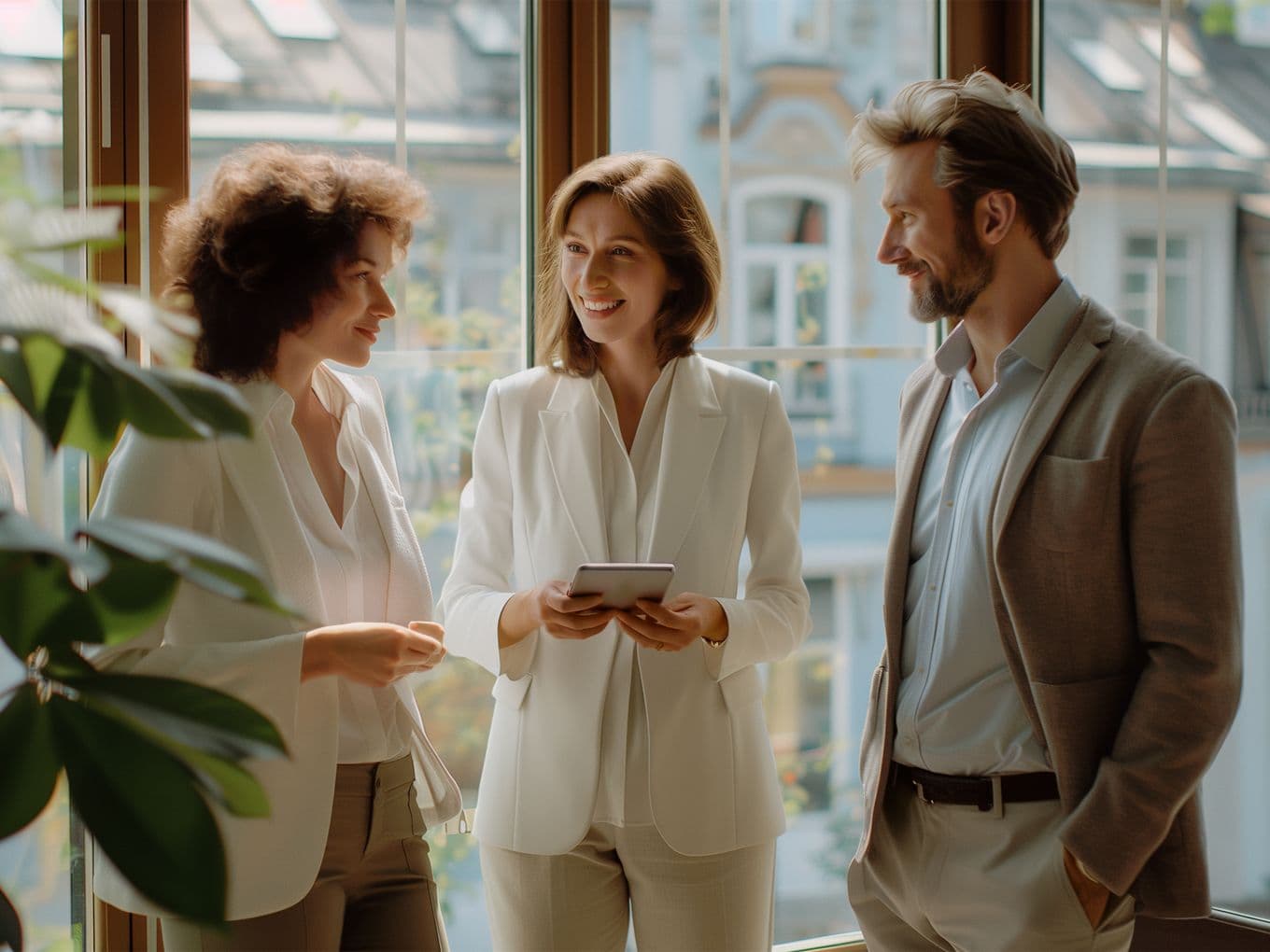Picture of three people talking