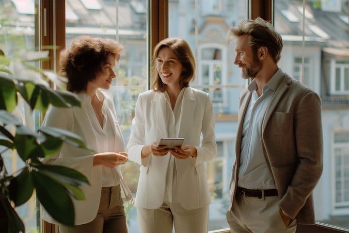 Three business professionals having a casual meeting by a window in a bright office space. Two women in white blazers and a man in a gray suit are engaged in conversation, with one woman holding a tablet. Natural light streams through large windows in the background.