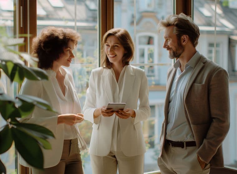 Three business professionals having a casual meeting by a window in a bright office space. Two women in white blazers and a man in a gray suit are engaged in conversation, with one woman holding a tablet. Natural light streams through large windows in the background.